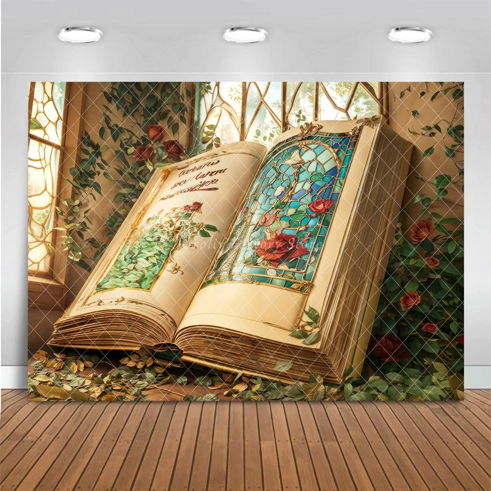 Retro Valentine's Day Backgrounds Fantasy Book Roses Cake Smash Kids Party Photo Studio Flower Wonderland Backdrop