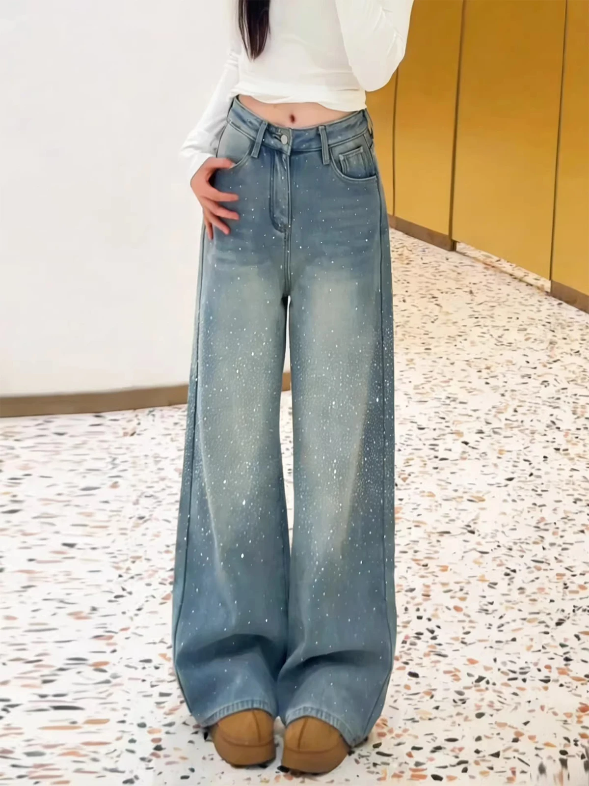 

Blue Wide Leg Denim Jeans Women's Spring Autumn New Korean Loose Straight Floor-Length Pants High Waist ket Retro Drill
