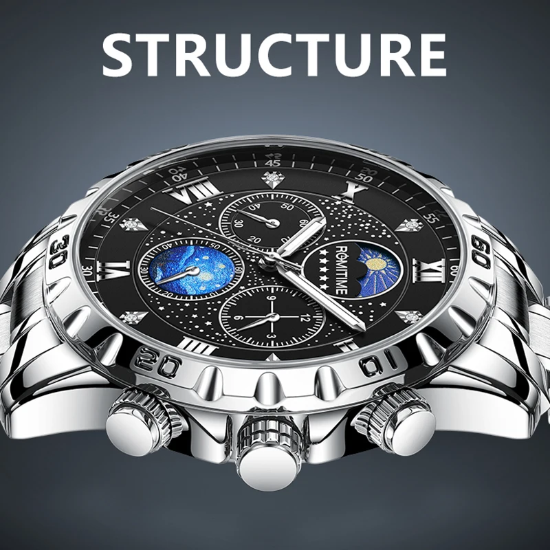 ROMITIME 남성용 럭셔리 시계 다기능 쿼츠 크로노 그래프 레저 빛나는 방수 프리미엄 손목 시계 남성용 선물