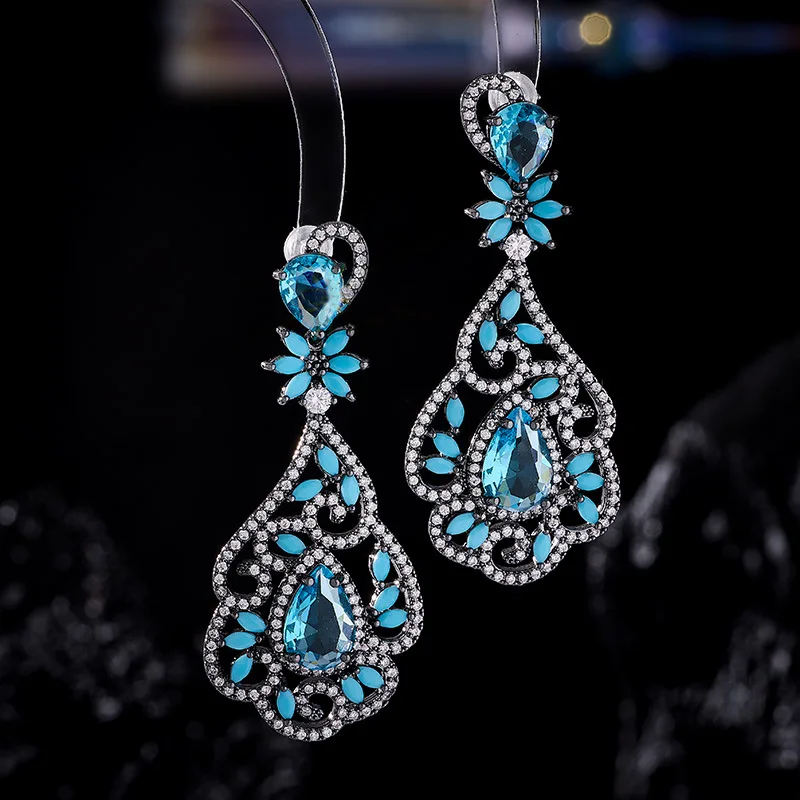

Retro heavy industry zircon teardrop earrings s925 silver needle luxurious and elegant bridal banquet earrings