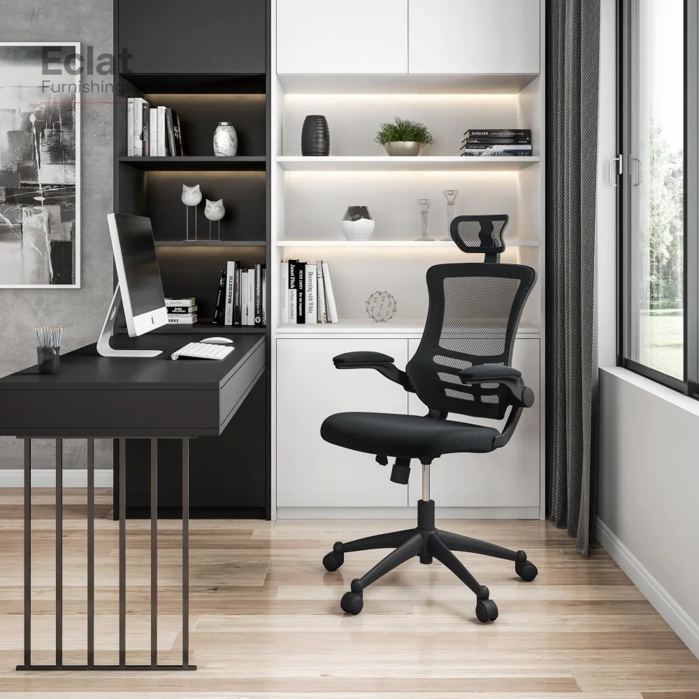 

Techni Mobili Modern High-Back Mesh Executive Office Chair with Headrest and Flip-Up Arms, Black