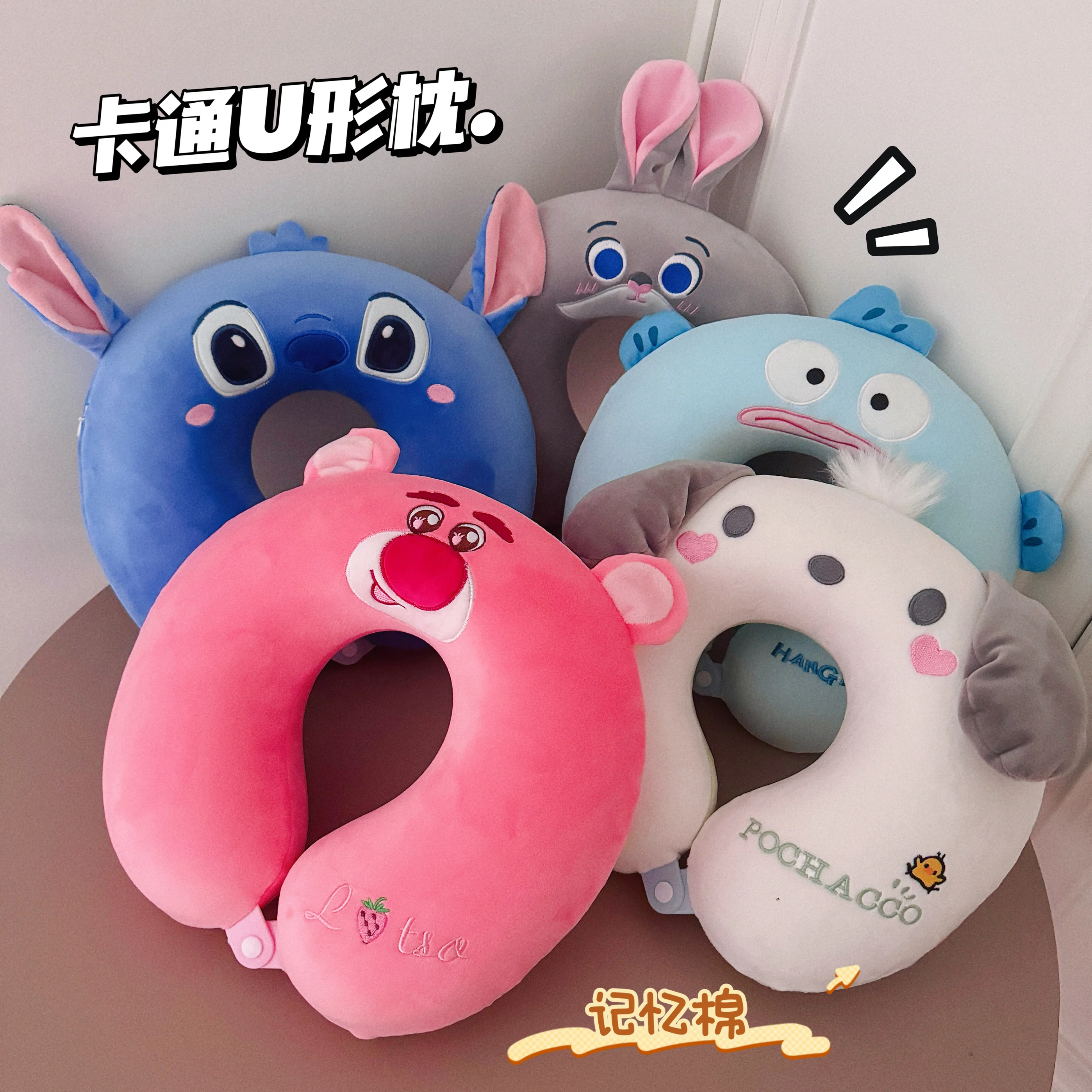 Disney Stitch Memory Foam U-shaped Pillow Chiikawa Hachiware Usagi Stuffed Anime Pochacco Lotso Travel Pillow Nap Office Gift