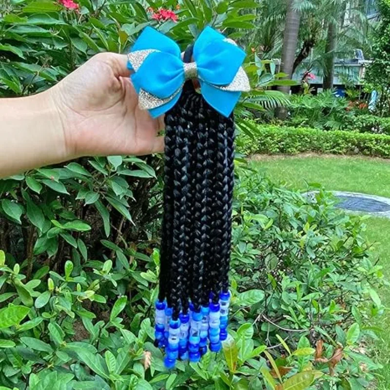 

2packs Kids Ponytail Extension Beaded Braids Braided Hair Extension with Bow and Beads for a Natural Hairstyle-2pc Set 8inch