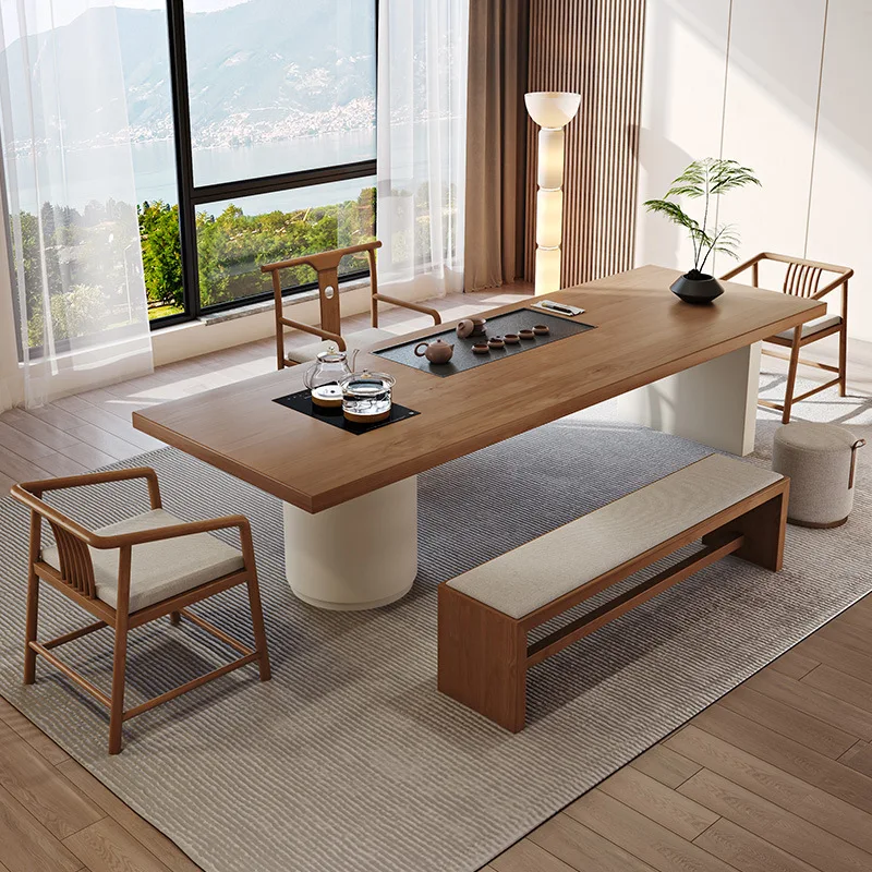 Wabi Sand Cream Wind Solid Wood Tea Table and Chair Combination Log Large Board Tea Table Kettle Integrated Negotiation Area Tea