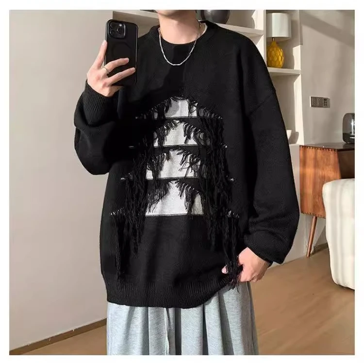 Autumn Winter New Hot Sale Men's Wine Red Christmas Tree High-end Tassel Loose Casual Black Pullover Knitted Sweater