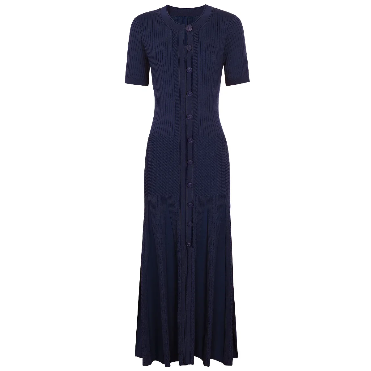 Elegante A-lijn lange shirtjurk Hoge kwaliteit mode Vintage turn-down kraag gebreide maxi-jurk met korte mouwen - afbeelding 2