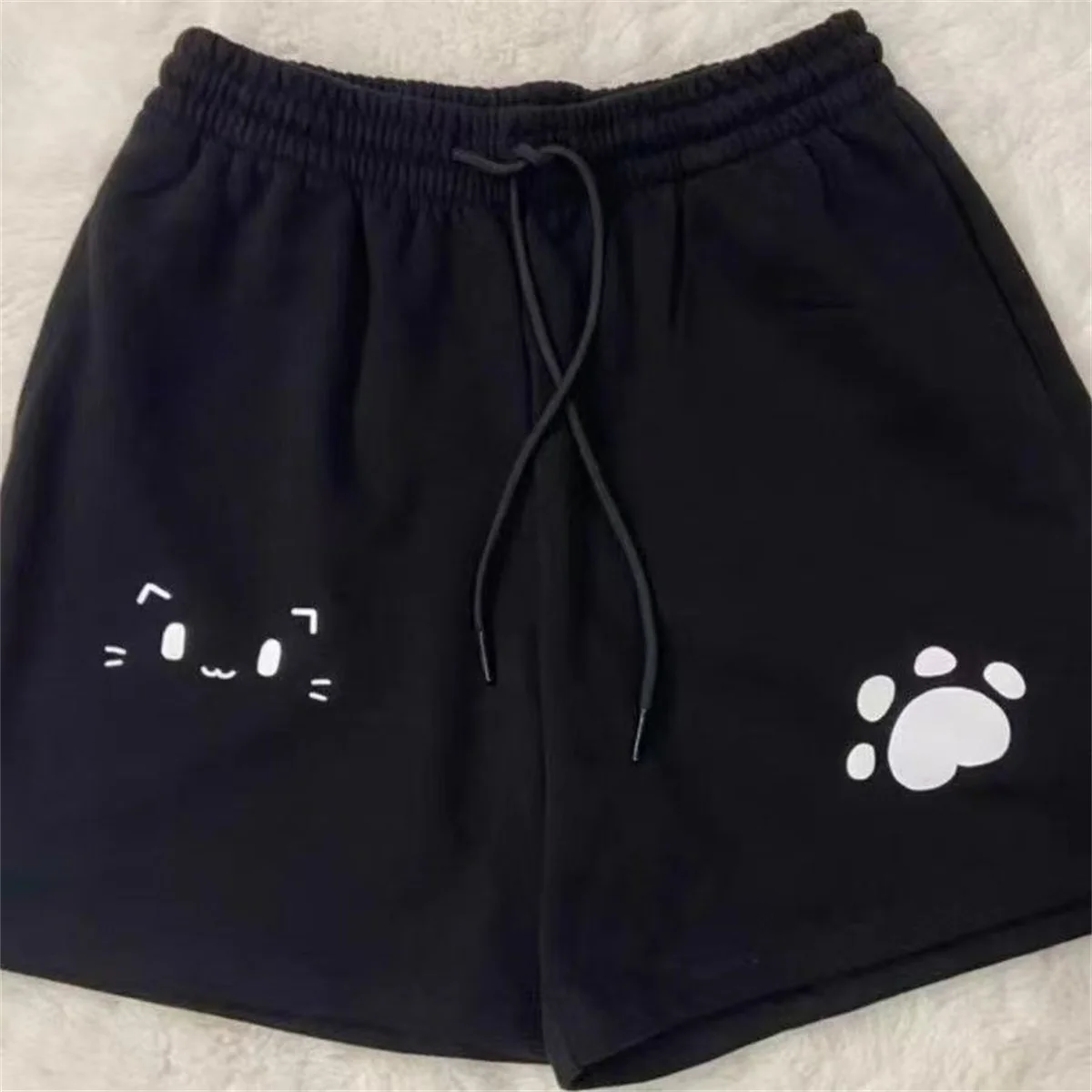 Women Summer Casual Shorts High Waist Black Y2k Kawaii Sweet Cat Print Wide Leg Pants Chic Japanese Pantalones Cortos De Mujer