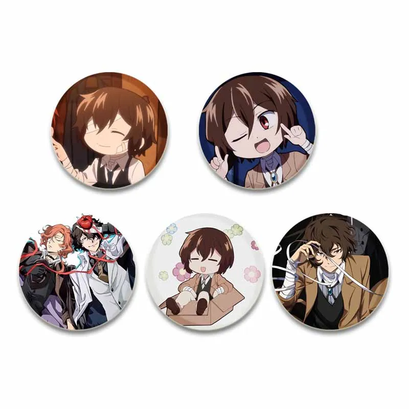58mm Round Anime Brooches Cartoon Character Dazai Osamu Lapel Pins Cosplay Badges Backpack Clothes Bag Jewelry Accessories Gifts