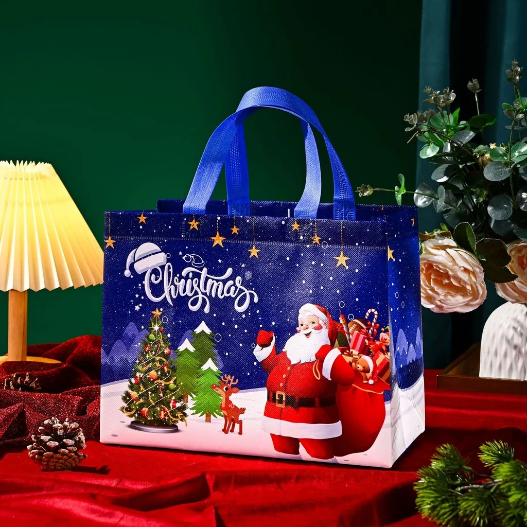 Christmas Tote Bags Non-Woven Shopping Bag Santa Claus Sleigh Christmas Tree Print Laminated Handbag Holiday Treats Gift Pouch
