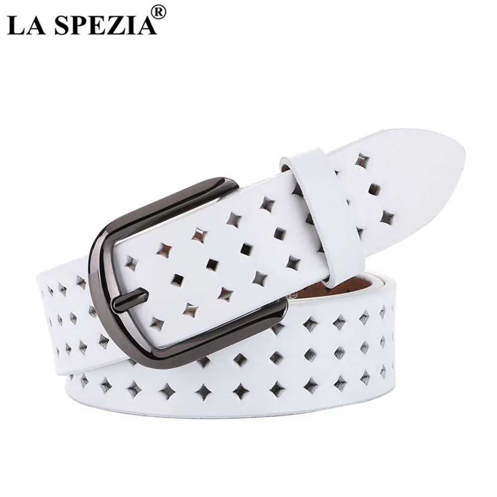 LA SPEZIA Black Women Belt Real Genuine Leather Many Holes High Quality Female Strap Hollow Out Cowskin Waist Belt for Jeans