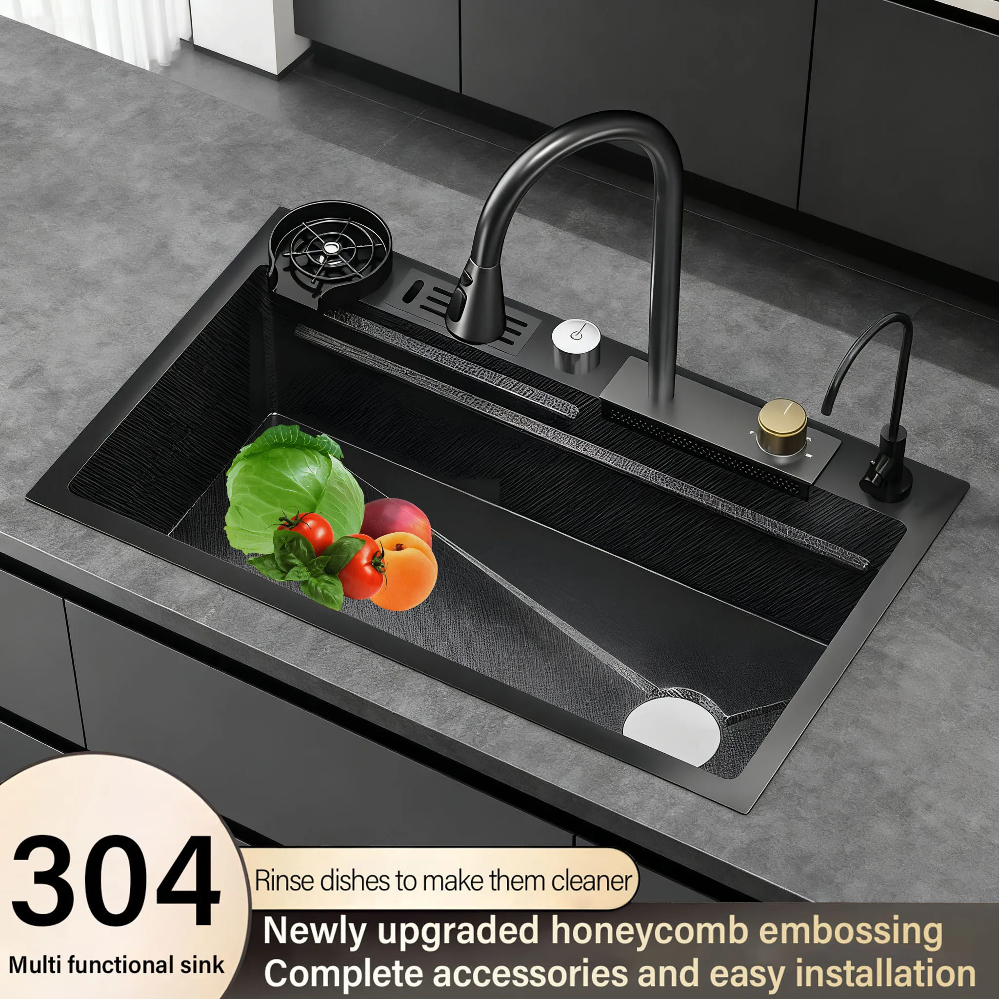 High Quality Modern Black Undermount Kitchen Faucet SUS304 Waterfall Design Luxury Single Bowl Sink with Two Holes