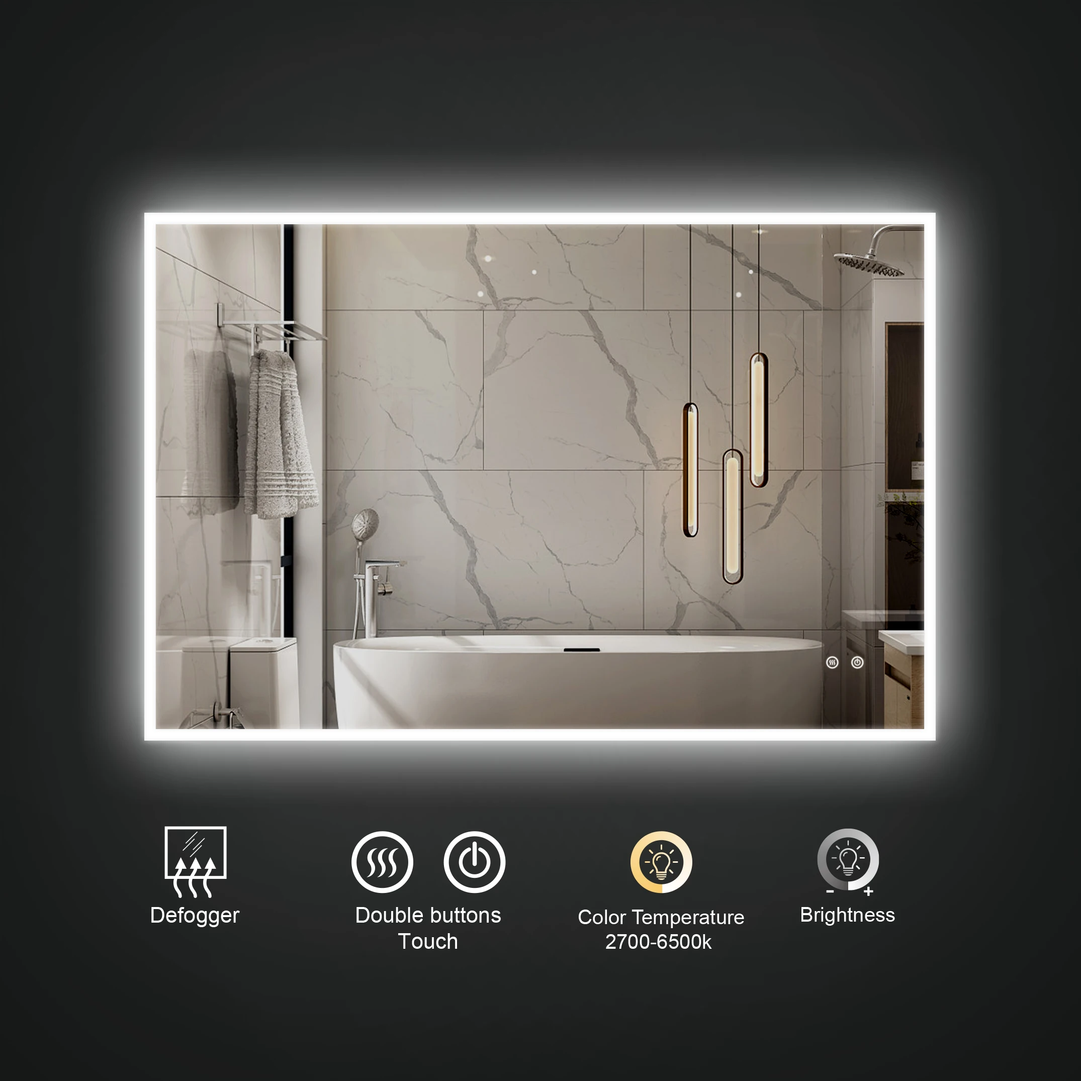 Custom Luxury Smart Hotel Bath Mirrors Frameless Wall Mounted Anti Fog Led Light Bathroom Mirror