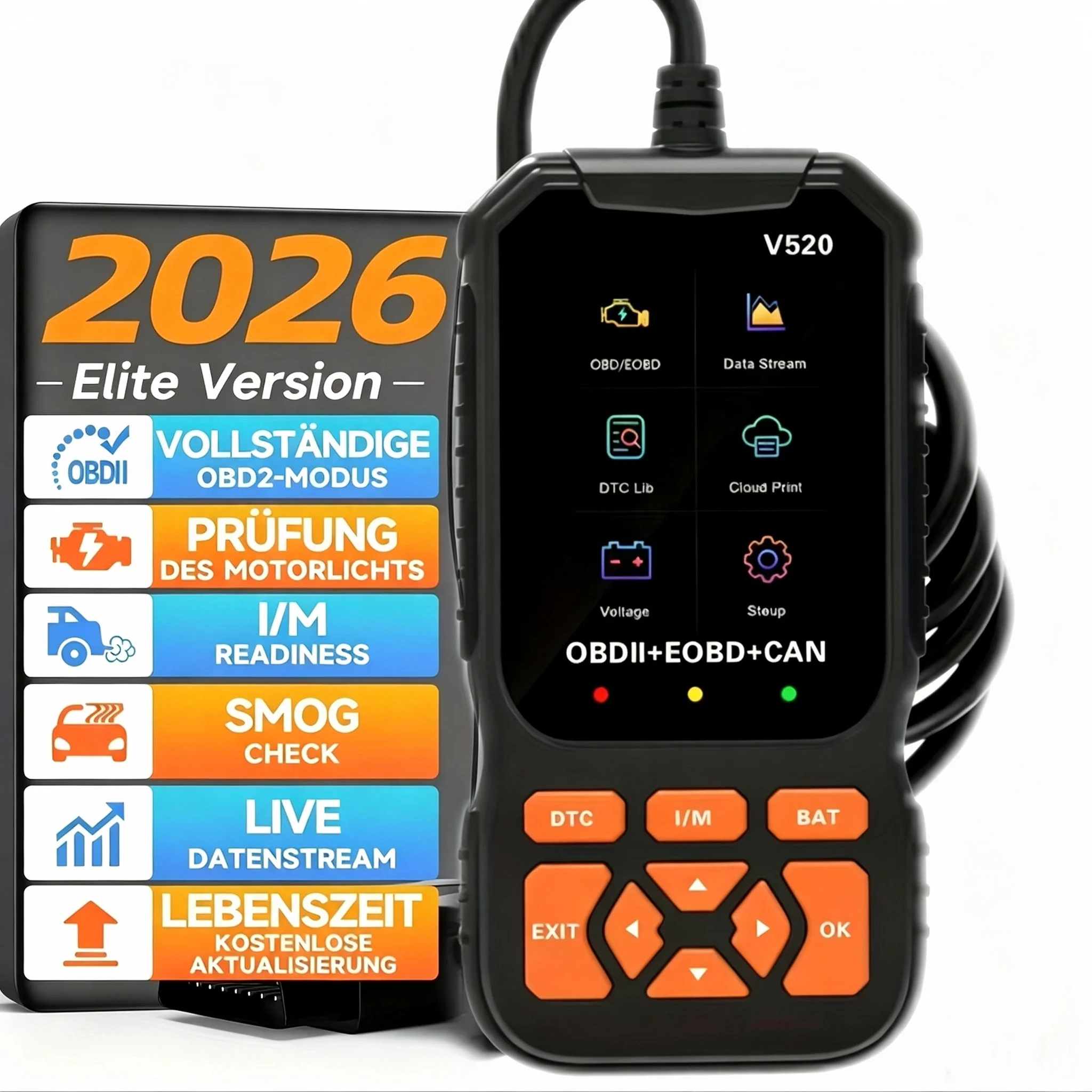 V520 Professional Advanced Obdii/Eobd Car Diagnostic Scan Tool, Battery Tester, I/M Readiness, Fault Code Eraser