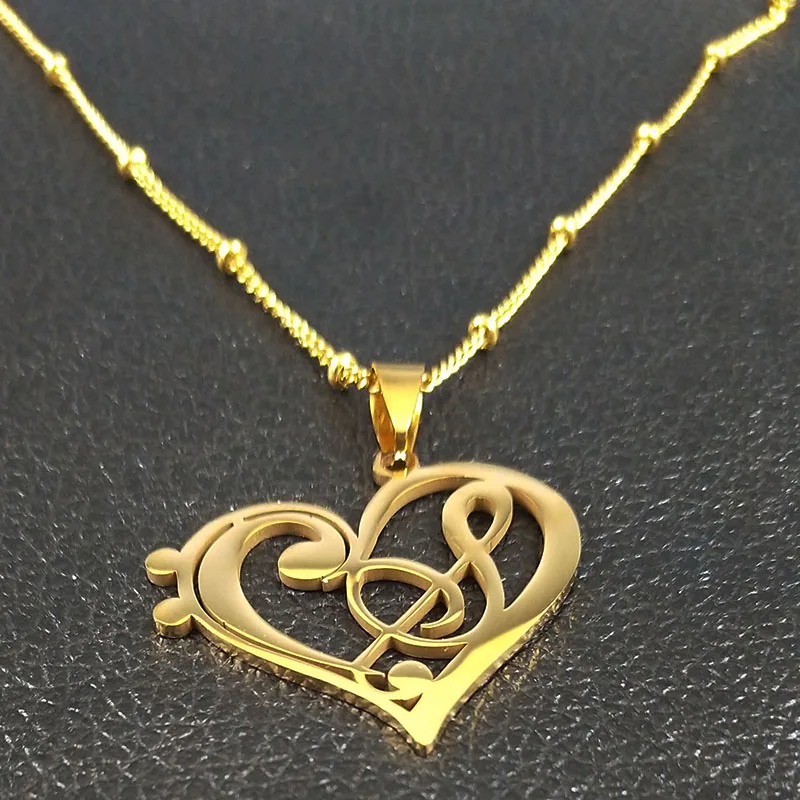 Aesthetic Music Note Heart of Treble Clef Stainless Steel Necklace for Women Men Gold Color Musical Chain Jewelry collar N1135