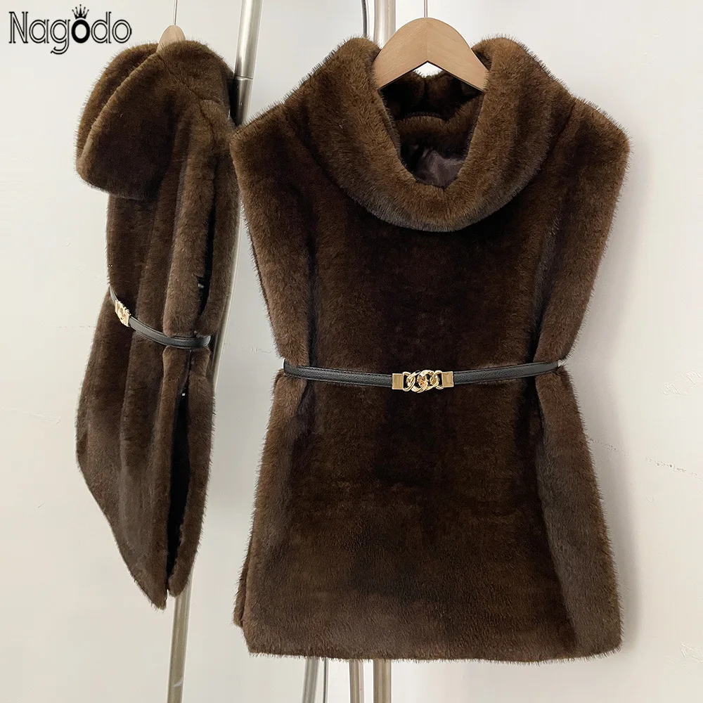 Nagodo Women Faux Fur Tank Sleeveless Jacket Turtleneck Crop Top Pullover Thick Warm Belt Vest Winter Imitation Mink Fur Coat