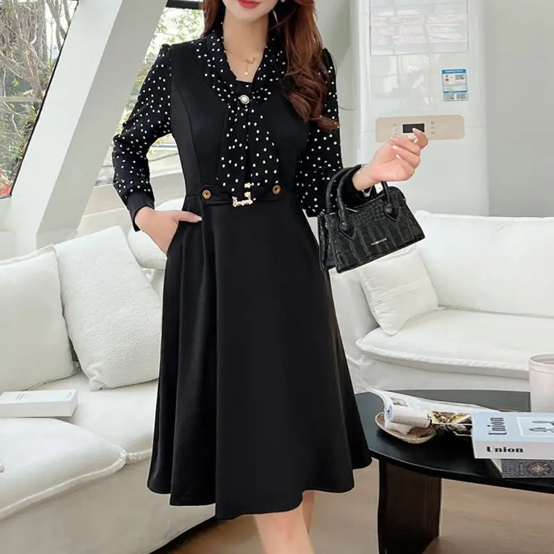 

Fashion Lace Up Bow Beading Polka Dot Fake Two Pieces Midi Dress Women Clothing 2024 Autumn New Loose Office Lady Ladies Dresses