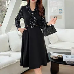 Fashion Lace Up Bow Beading Polka Dot Fake Two Pieces Midi Dress Women Clothing Autumn New Loose Office Lady Ladies Dresses