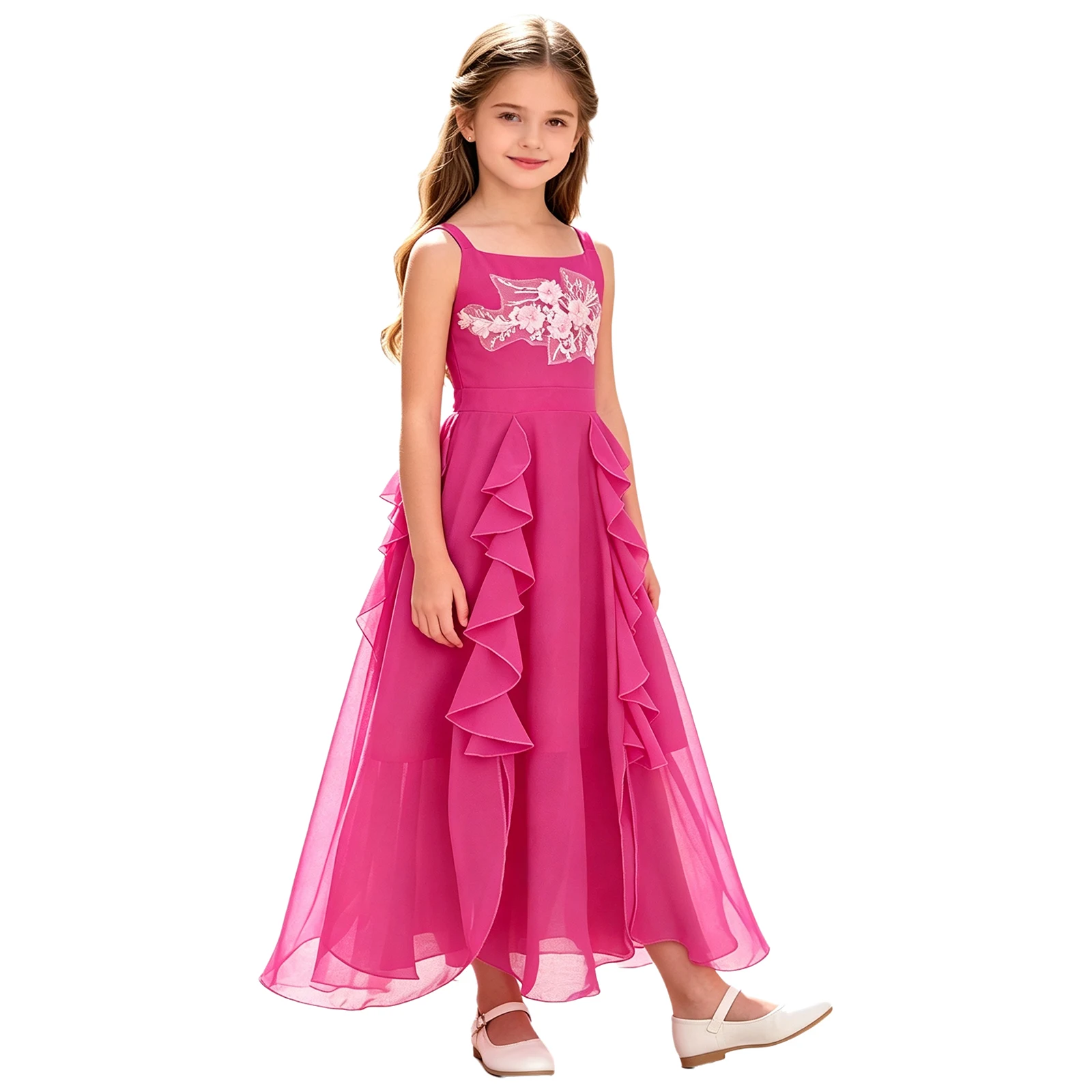 Child Wedding Birthday Evening Flowy Sling Dress Girls Elegant Chiffon Party Dress Gown Embroidery Applique Ruffled Long Dresses