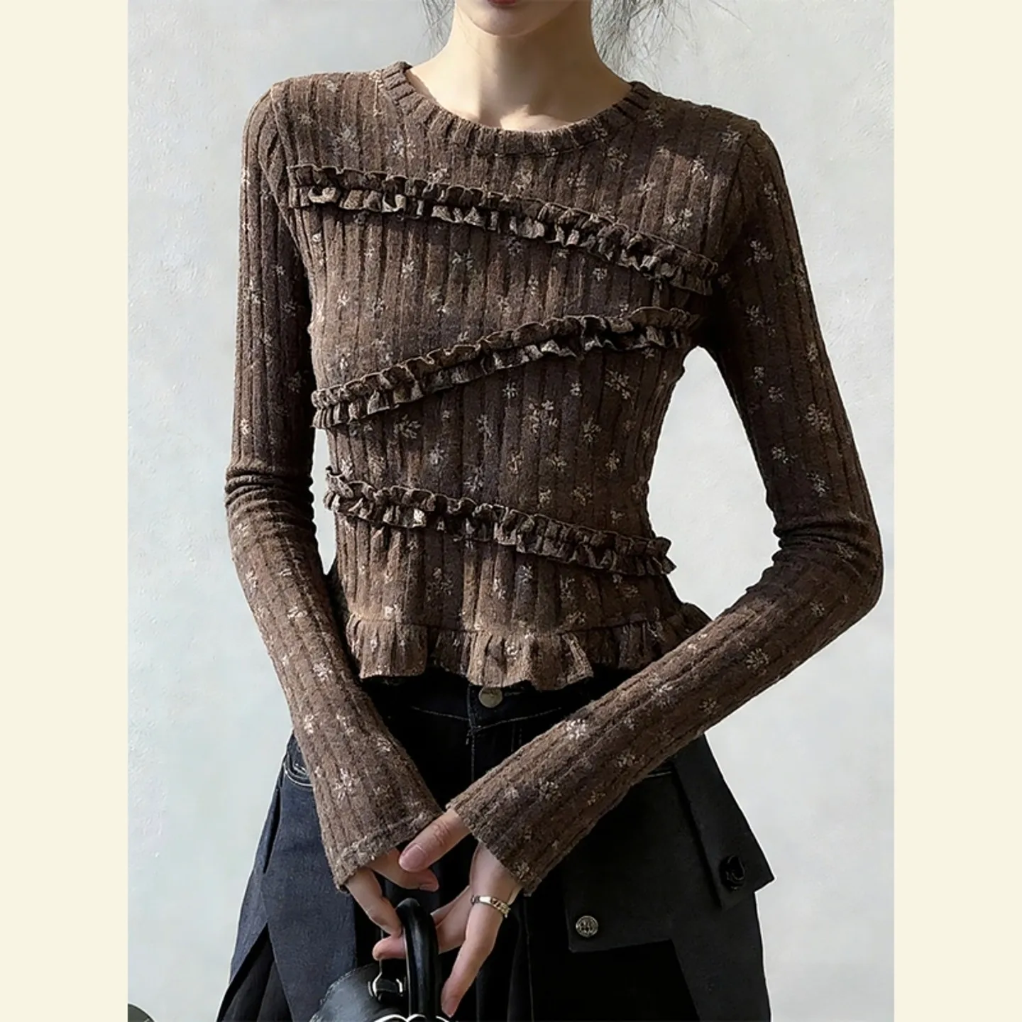 Womens Floral Print Knit Top Round Neck Long Sleeve Slim T-shirt Fashion With Ruffle Detail Vintage Daily Blouse Casual Tee