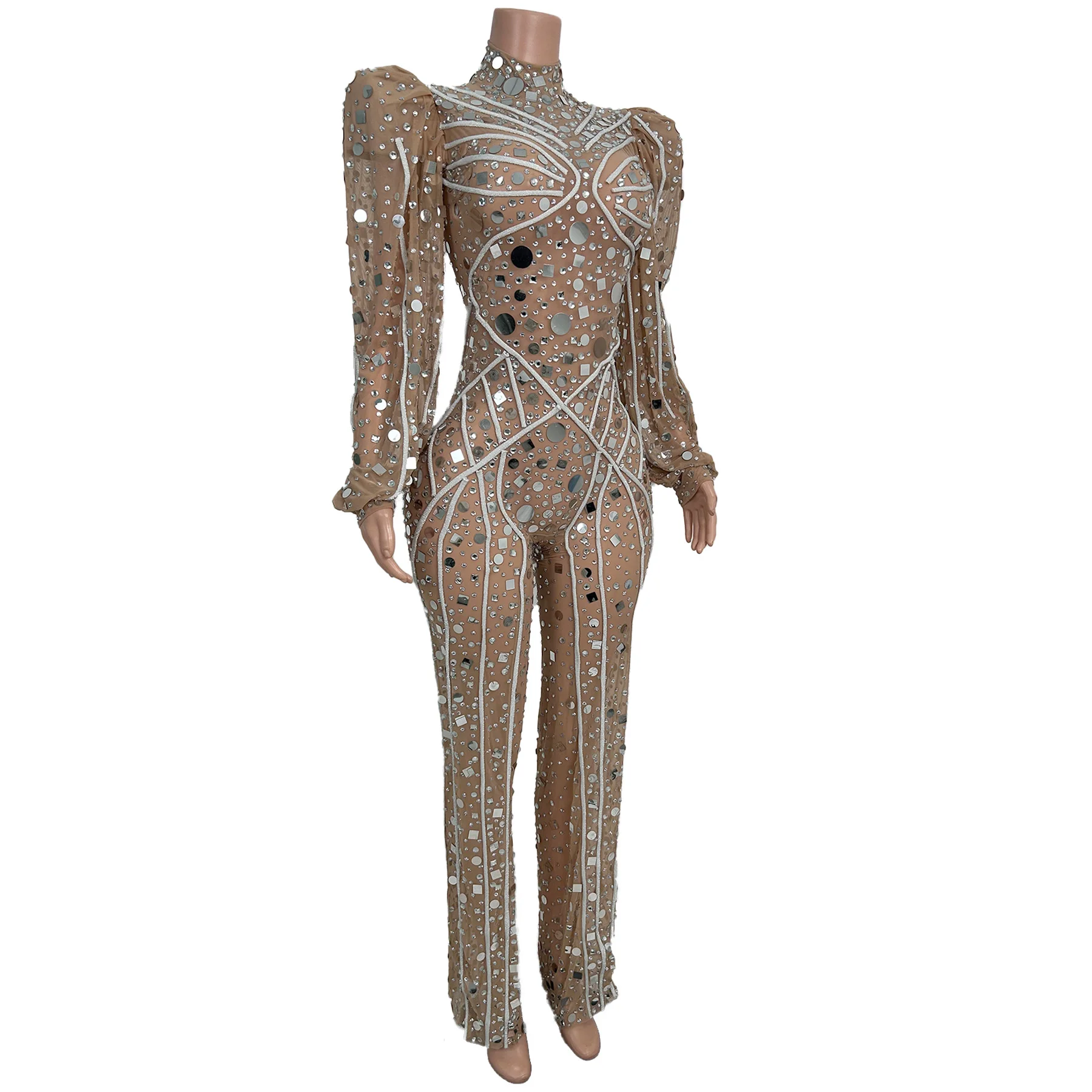 

Yaotiao Fashion Women Long Sleeved Jumpsuit Sequins Rhinestone Bubble Sleeves Straight Leg Pants Birthday Cocktail Party Dress