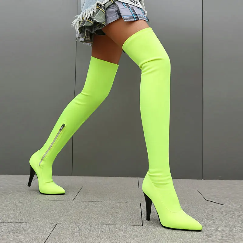 

Women Lycra Fabric Stretch Over The Knee Boots Pointed Toe Stiletto Heel Side Zip Nightclub Dance Party Shoes Knee High Booties