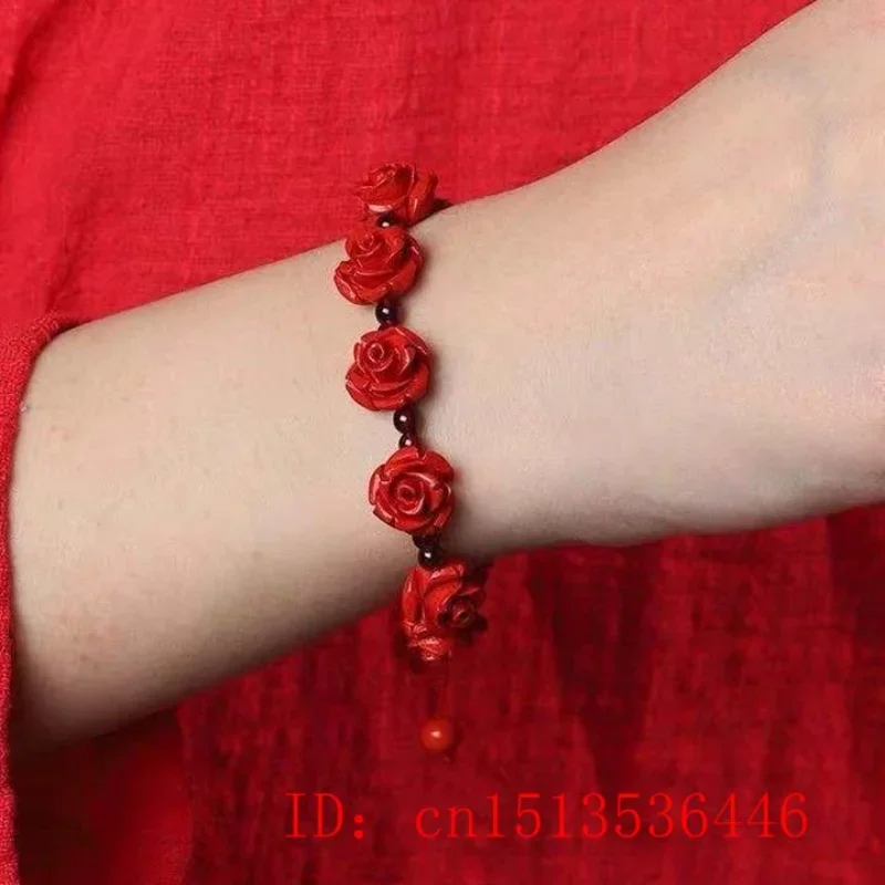 Red Cinnabar Rose Flower Beads Bracelet Designer Gift Jewelry Luxury Energy Real Vintage Bangle Natural  Amulet Customized