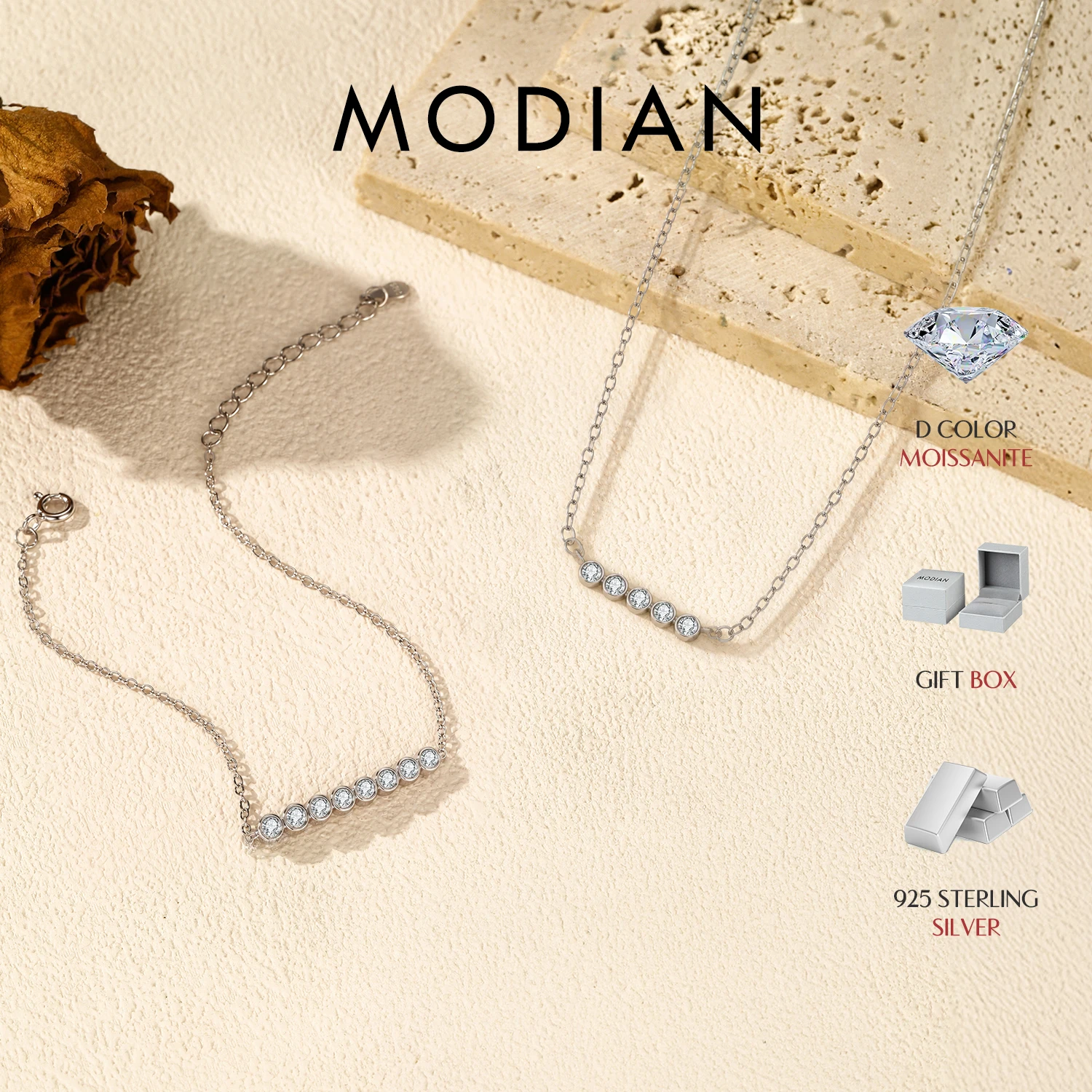 MODIAN D Color Moissanite Link Chain Pendant Necklace 925 Sterling Silver Trendy A Row Round Bracelet For Women Fine Jewelry Set
