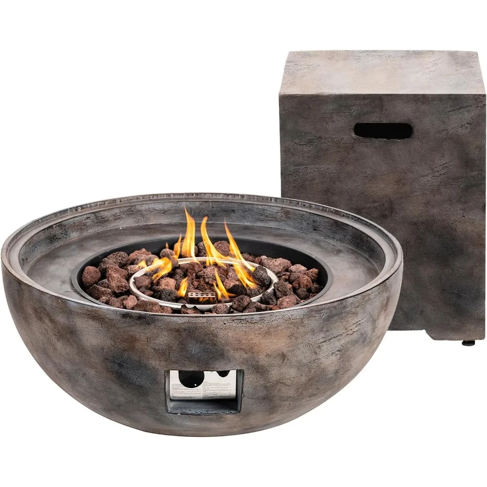 

Concrete Fire Pit Bowl 31-Inch Round Propane Gas Fire Bowl with Shale Finish, 50,000 BTUs, CSA Certified Includes Side Table