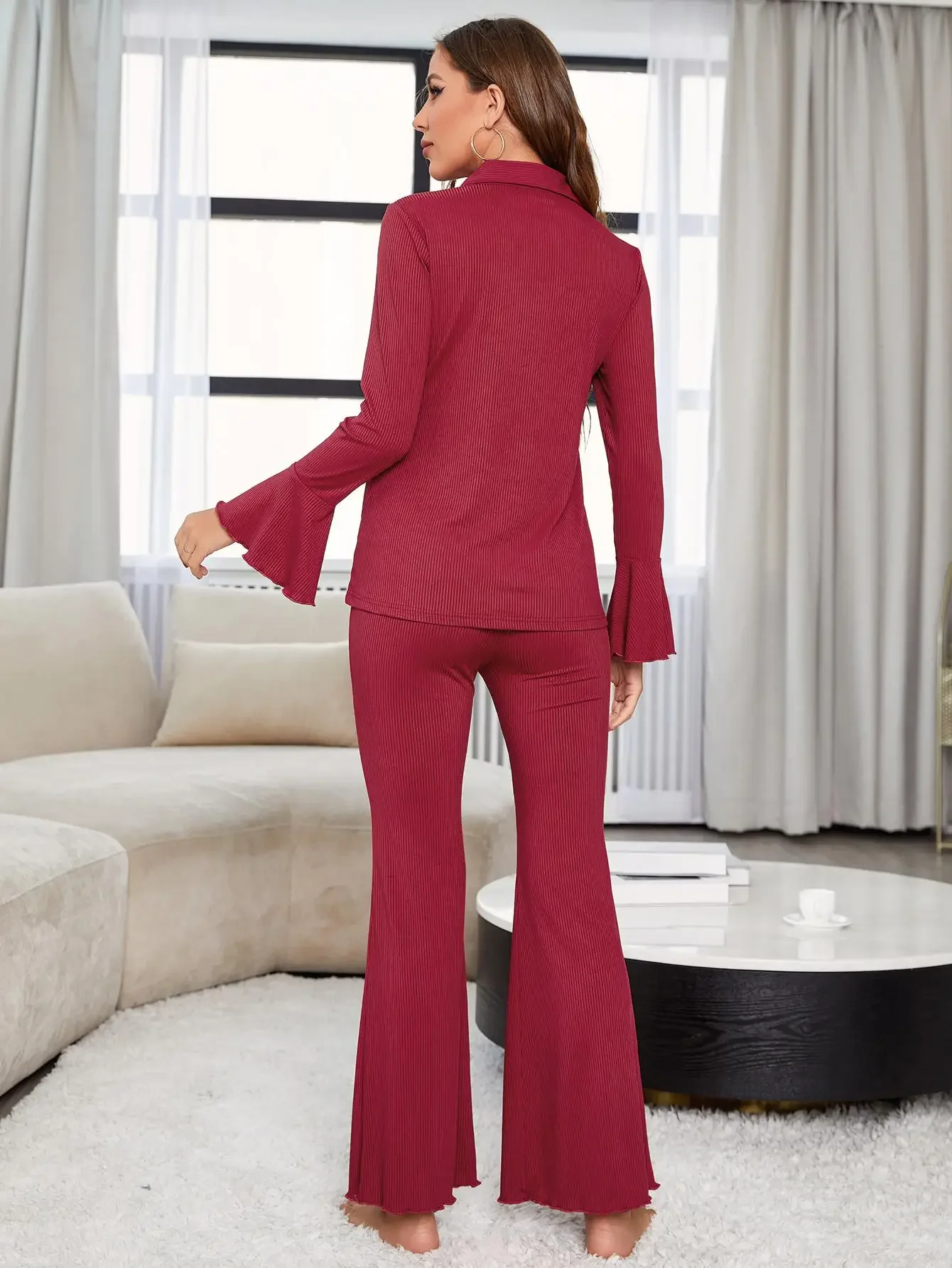 Ribbon Knitted Solid Women Pajama Set Long Sleeves Lettuce Trim Top & Full Length Pants 2 Pieces Sleepwear Nightwear Homewear