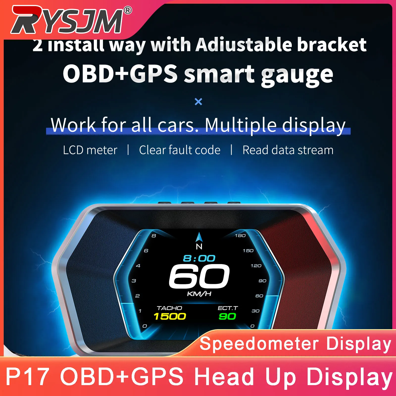 

P17 Car OBD+GPS Head Up Display Smart Dual System On-board Computer Speedometer Air-Fuel Ratio Turbine Pressure Voltage Gauge