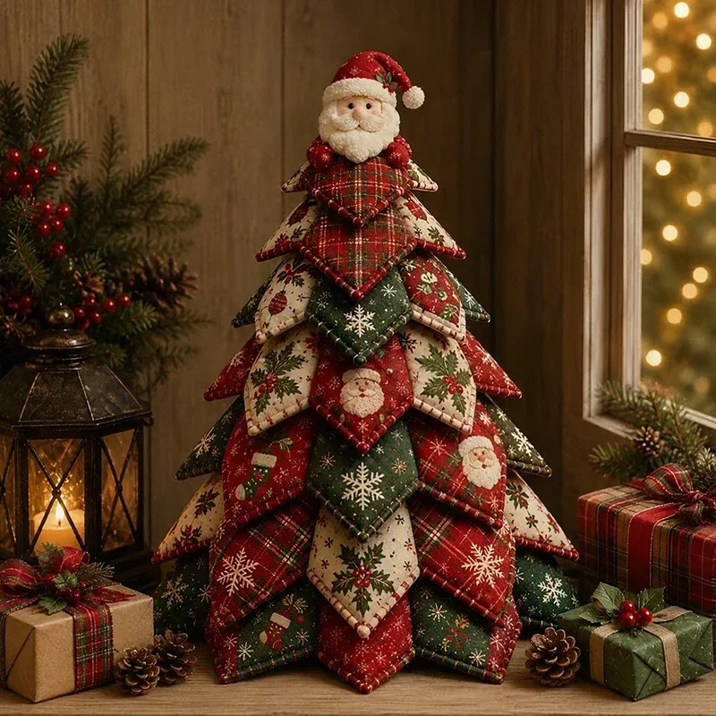 DIY Quilted Christmas Tree Craft Kit Patchwork Fabric Xmas Tree Making Set Cute Reindeer Topper Ornament Christmas Tabletop Deco