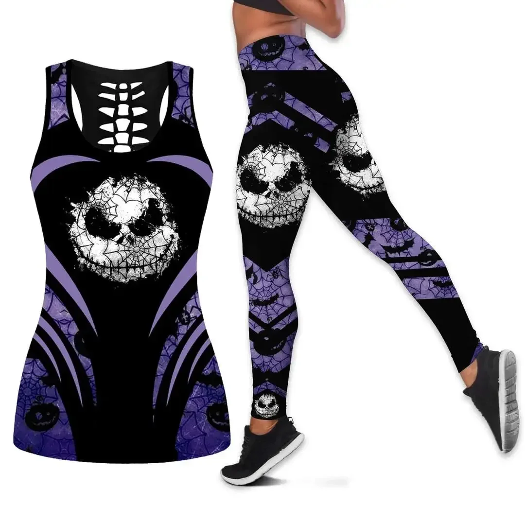 2024 New Jack Skellington Women's Hollow Vest Leggings Yoga Suit Fitness Leggings Sports Suit Disney Tank Top Legging Set Outfit