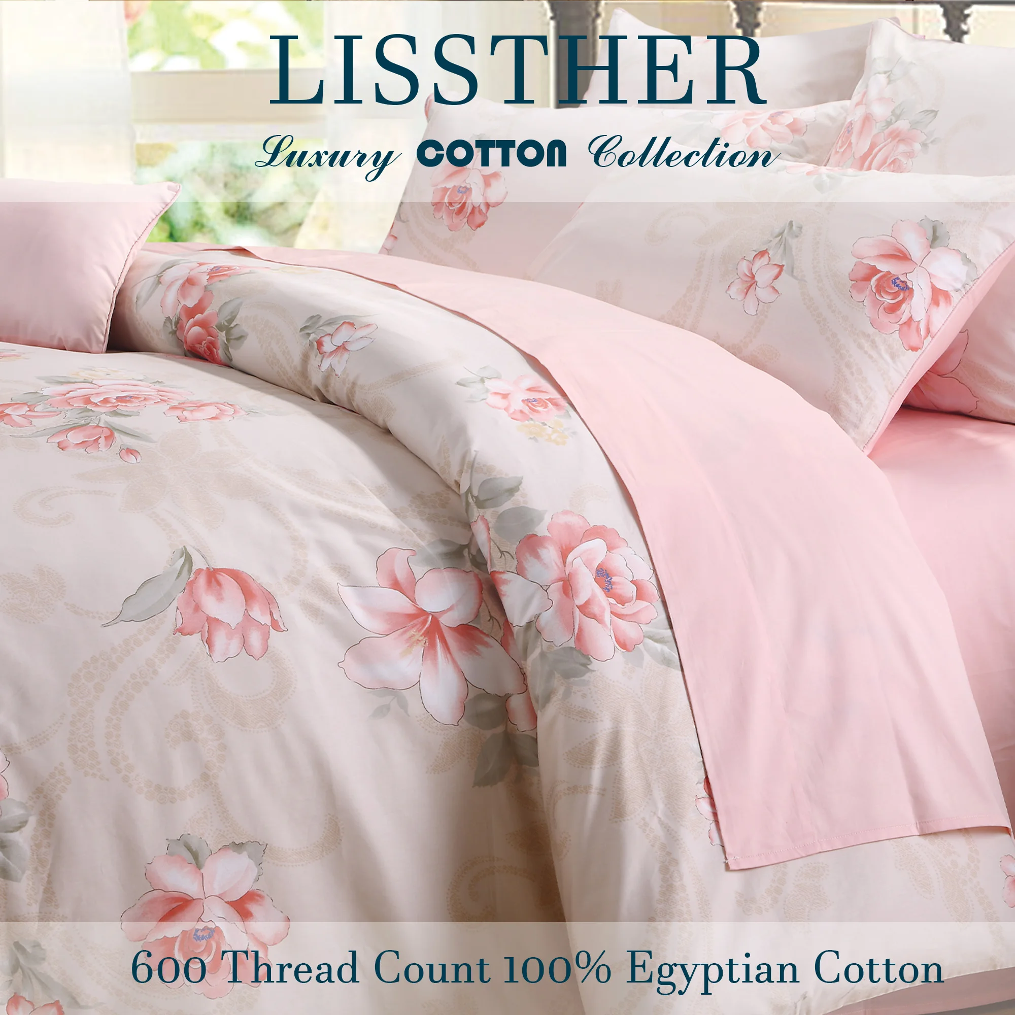 3pcs 600 TC 100% Egyptian Cotton Duvet Cover Set Without Core), Pinky Blooming Rose Pattern, Soft And Skin-friendly