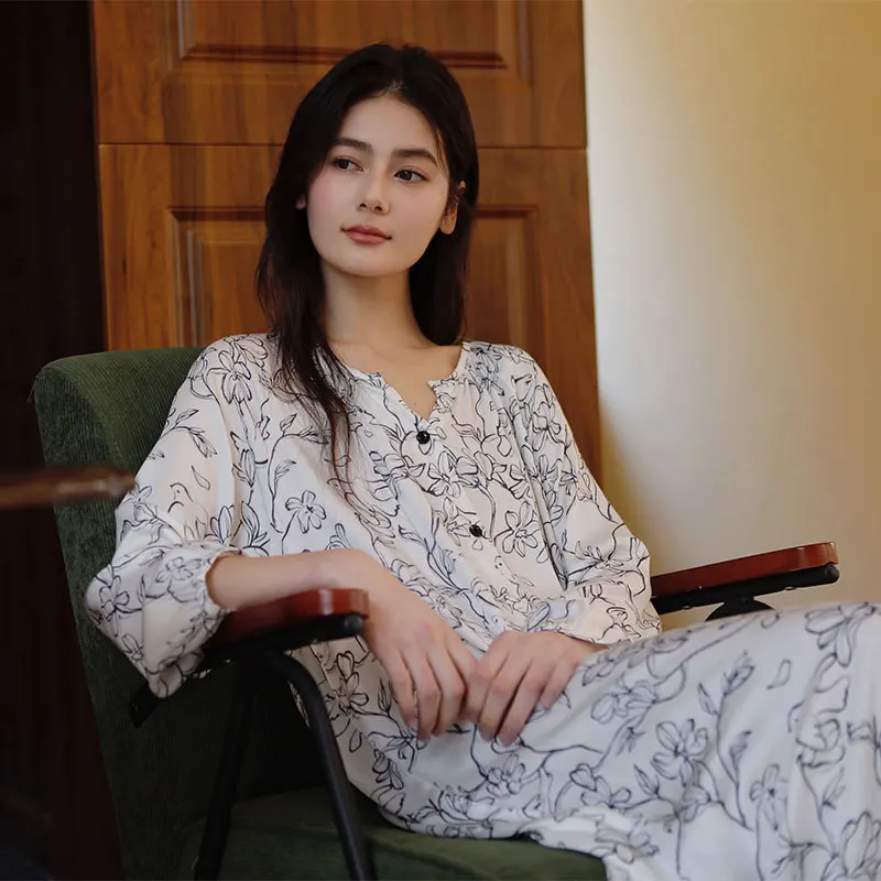 Women 100% Viscose Full Sleeves Nightdress Casual Cardigan Long Style Mid-Calf Nightie Soft Rayon Black printed Nightgowns New