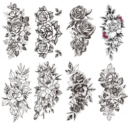 Autocollant de tatouage temporaire, fleur en fleur, imperméable, pivoine, orchidée, lys, Rose, beauté, bras, Art corporel, faux tatouage noir pour hommes et femmes