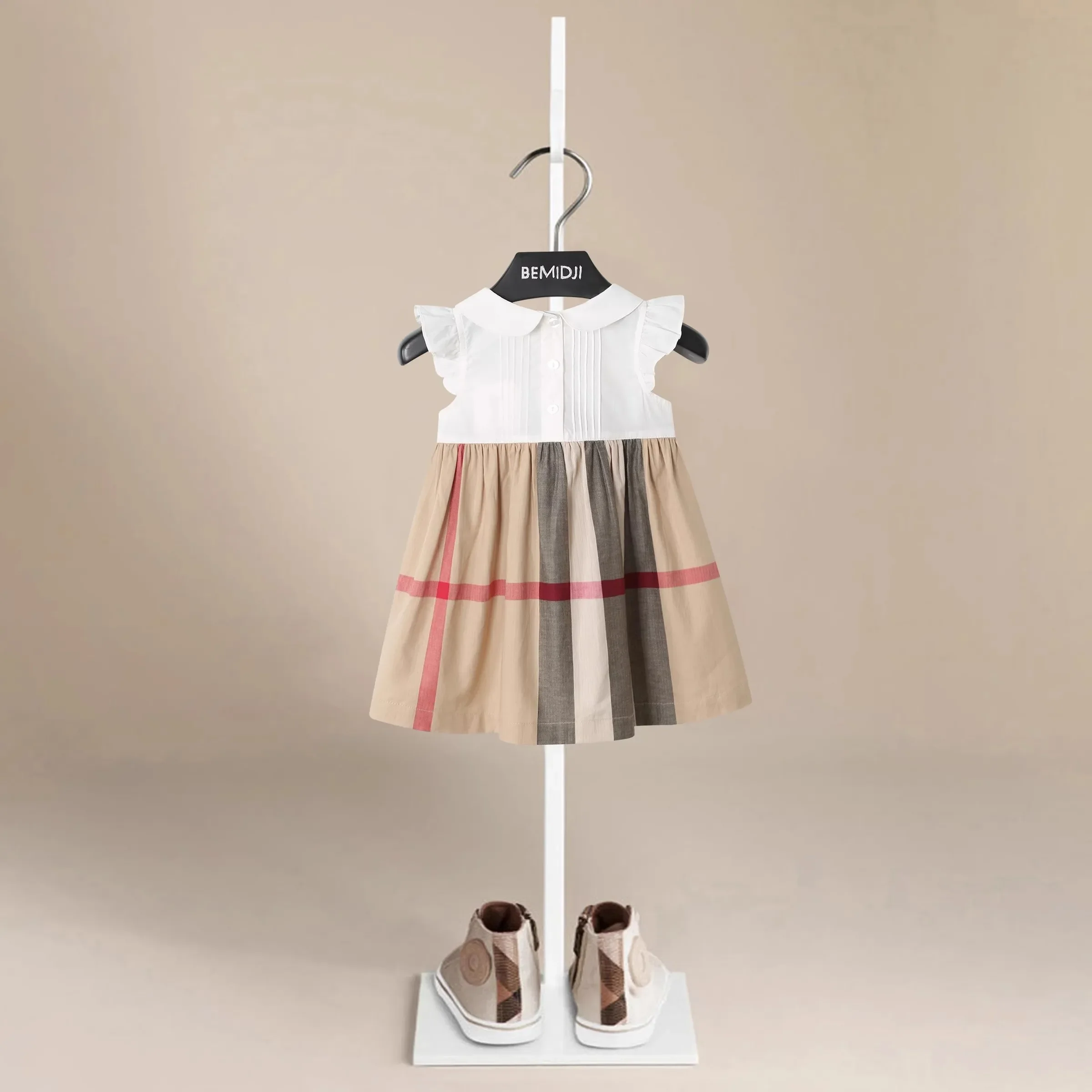 Kids Dress For Girls White Petal Sleeves Pleated Khaki Skirt plaid Preppy Style Elegant Birthday Party Clothes For 1-5 Years