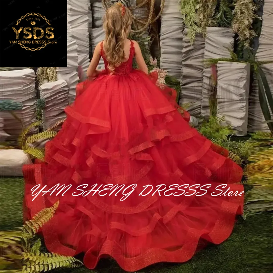 Red Ruffles Flower Girl Dresses Thin Shoulder Straps Tiered Appliques Sleeveless V-neck Communion Birthday Wedding Customised