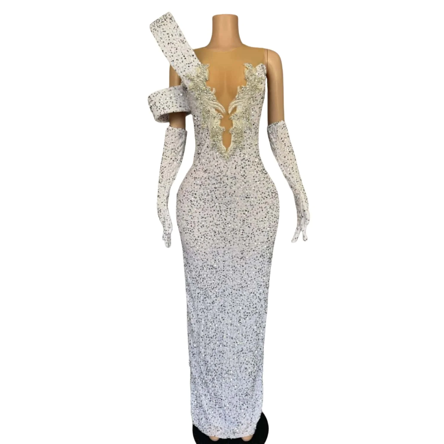 Suidao White Silver Ombre Sequin Mermaid Gown with Beaded Appliques Asymmetrical Strap Matching Long Gloves for Formal Events