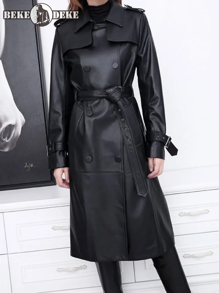 

Double Breasted Genuine Leather Trench Coat Office Lady Belt Long Sleeve High Street Casual Overcoat Women Sheepskin Long Coats