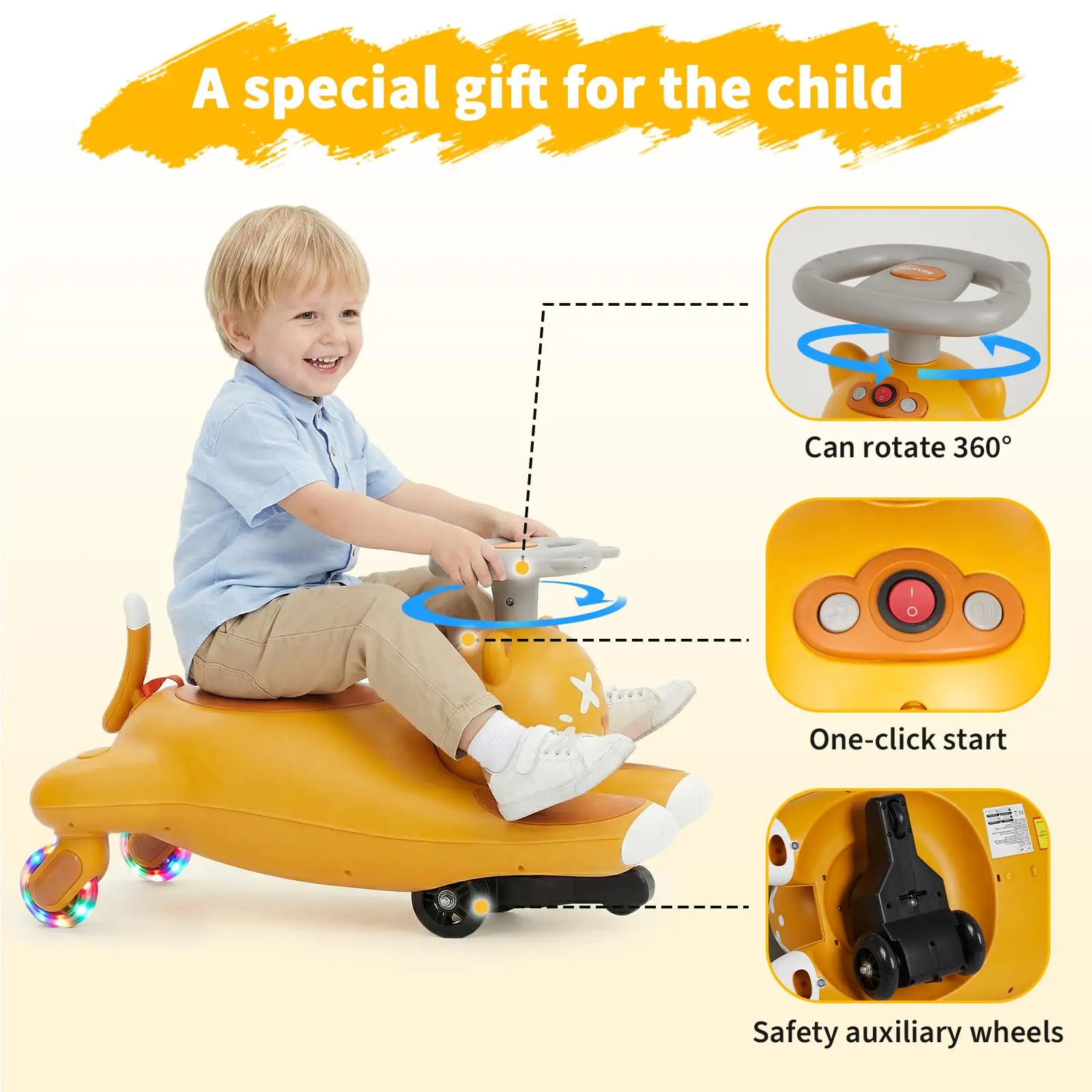 12V Electric Wiggle Car for Kids, 2-In-1 Powered Ride-On Swing Car, 180W Brushless Motor Up To 7.5 Mph, 360° Steering, Flashing Wheels, Wireless Music, Horn, Rechargeable, Age 3+