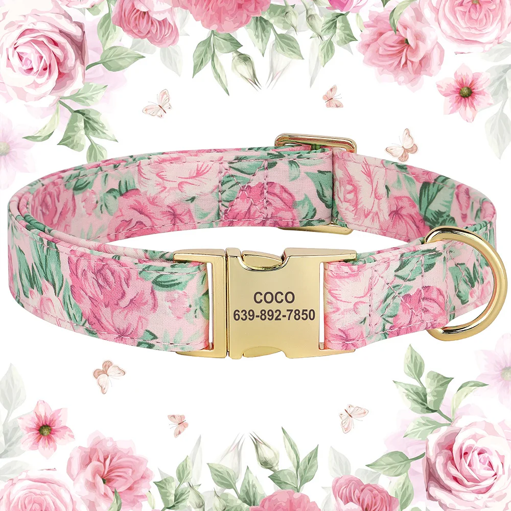 Flower Dog Collar Personalized Dogs ID Collars Nylon Printed Pet Buckle Collar Adjustable for Small Medium Large Dogs S M L