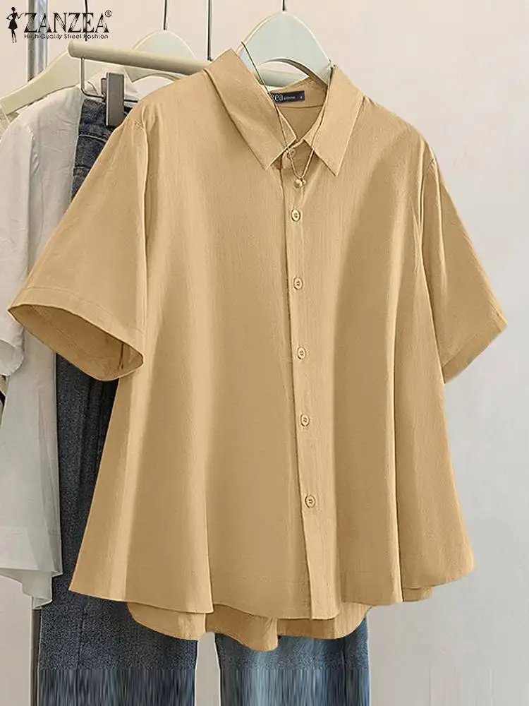 ZANZEA Fashion OL Short Sleeve Tops Women Solid Shirts Korean Casual Loose Lapel Collar Tunics 2024 Summer Work Basic Blusas