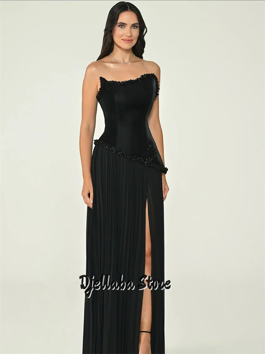 

Black Evening Dress Sweetheart Neck Crystals Pleat Bespoke Occasion Gown A Line Slit Birthday Party Dresses Customized