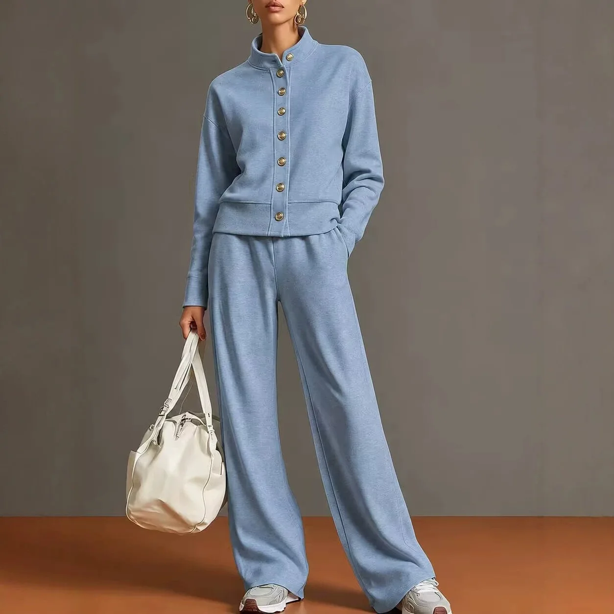 Long Sleeve Loose Jacket High Waist Wide Leg Sweat Pants Casual Tracksuit Set Women Stand Collar Button Cardigan Two Piece Set