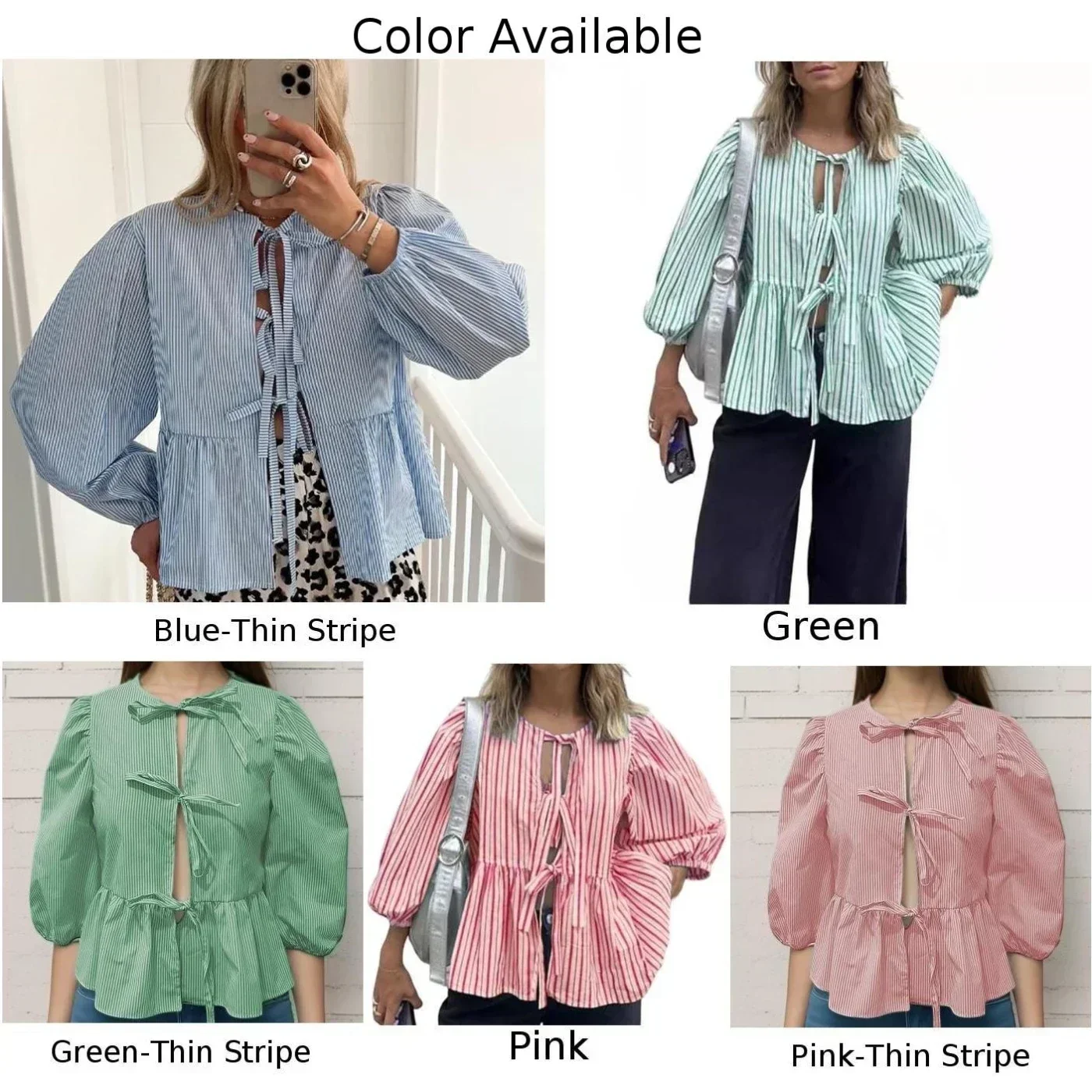 Women Lace Up Loose Puff Sleeves Soft Shirts Fashion All-match Bow Sweet Tops