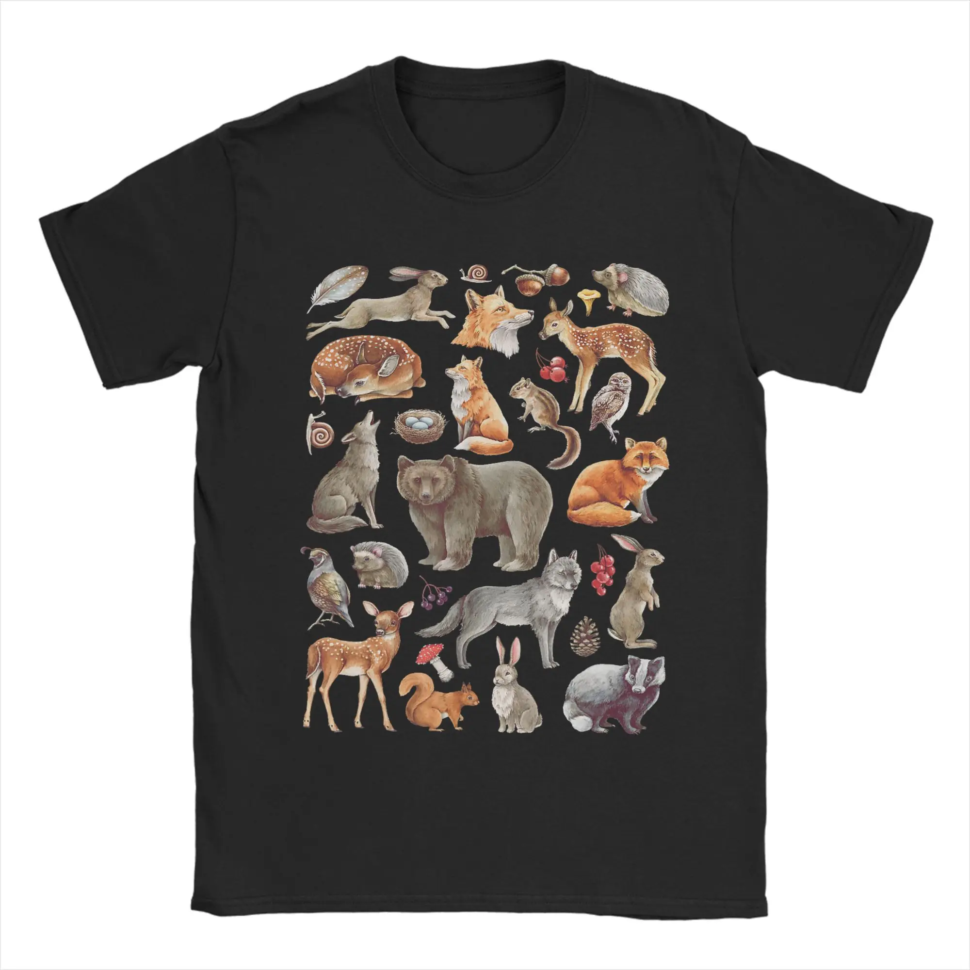 Forest Animals Woodland Wildlife Bear Fox Deer Wolf Hare T-Shirts Cotton Leisure Tee Shirt For Mens Short Sleeve Casual Tees