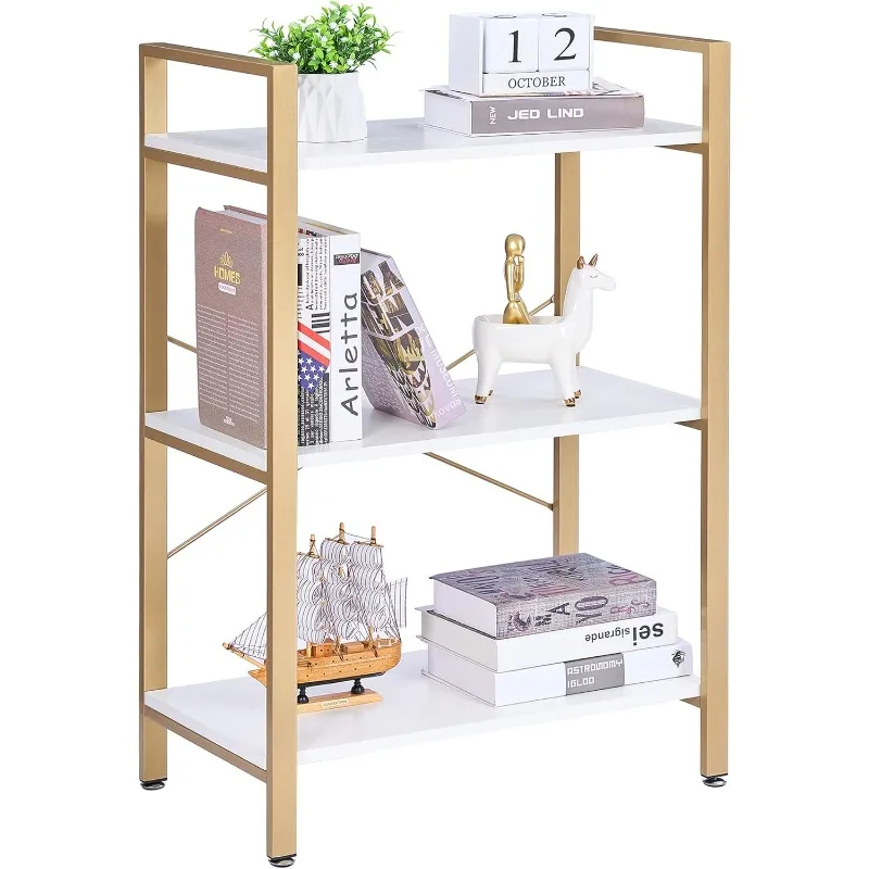 

37.09" H 3 Tier Bookshelf, Modern Small Book Shelf for Small Spaces, White Gold Wooden Shelves for Bedroom Living Room