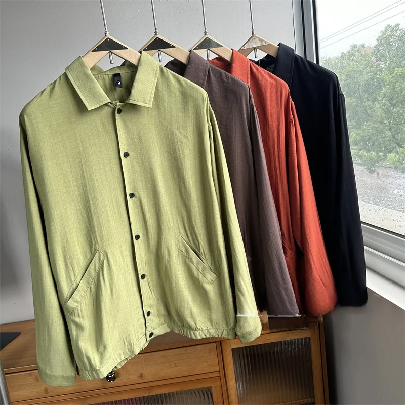 

High Value Men's Casual Loose Long Sve irt Breathable Comfortable Summer New Sle Pure Color Spring Stand Fit Thin