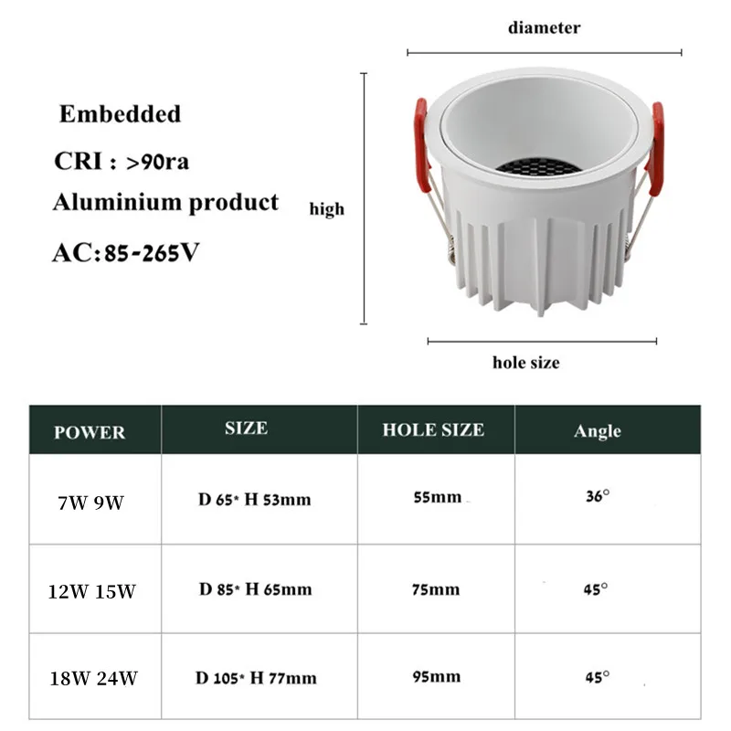 Cellular COB downlight high color rendering anti-glare living room no main light Household spotlights 110V220VLED embedded dimmi