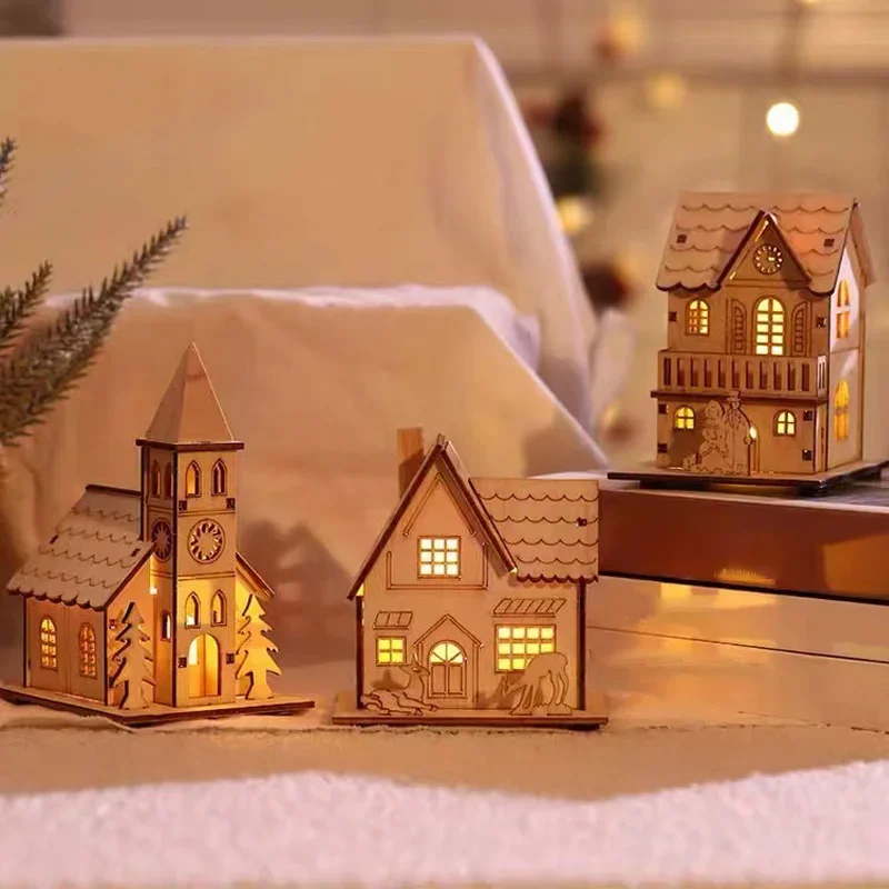 DIY Merry Christmas Decorations Mini Wooden House Luminous Cabin Christmas Tree Hanging Xmas Ornaments New Year Kids Gift